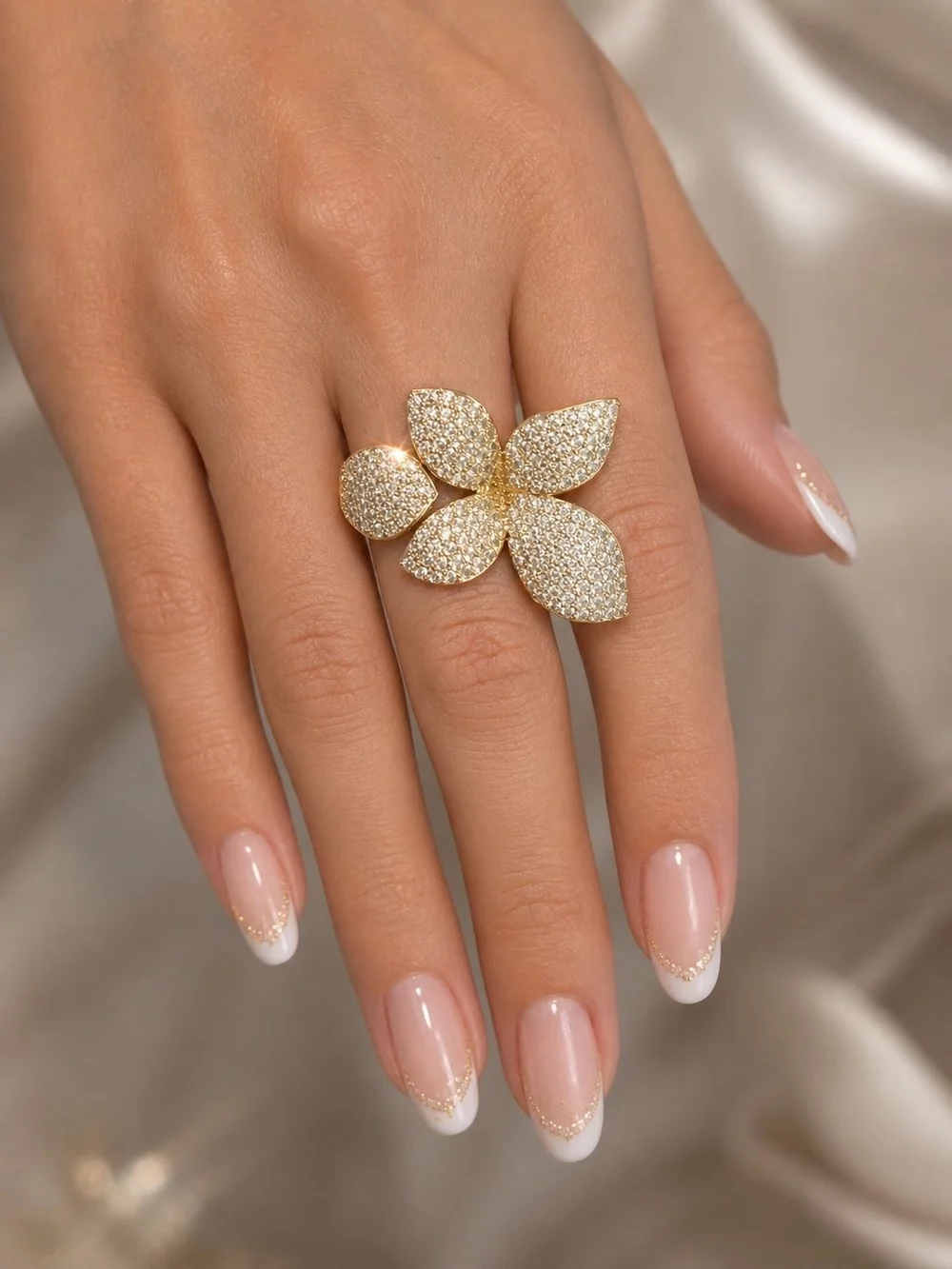 Gold Pavé Crystal Flower Statement Ring Oversized Floral Ring